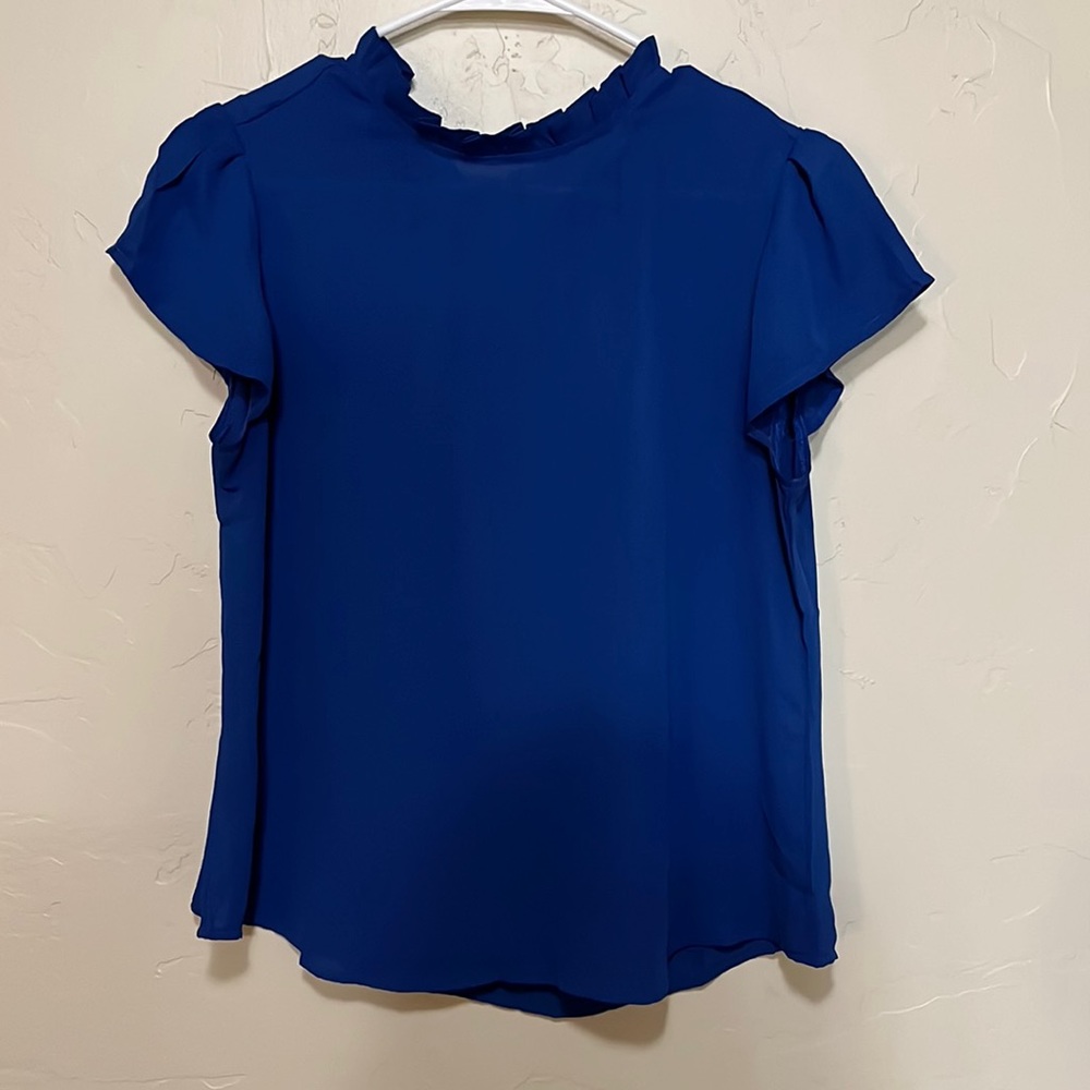 Blue Blouse with Ruffled Neckline